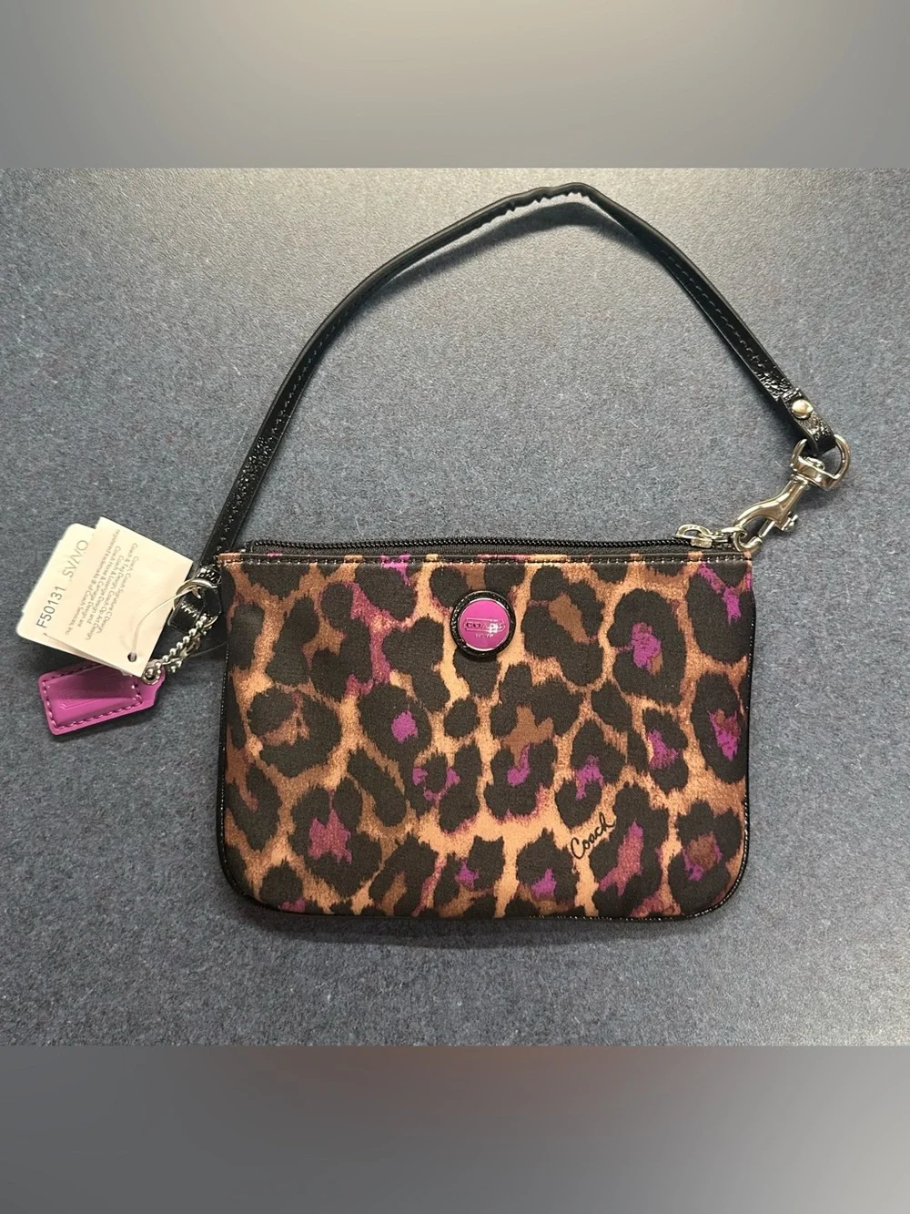 Coach Wristlet Clutch Ocelot Leopard Print Purple Brown Black NEW WITH TAG / BAG